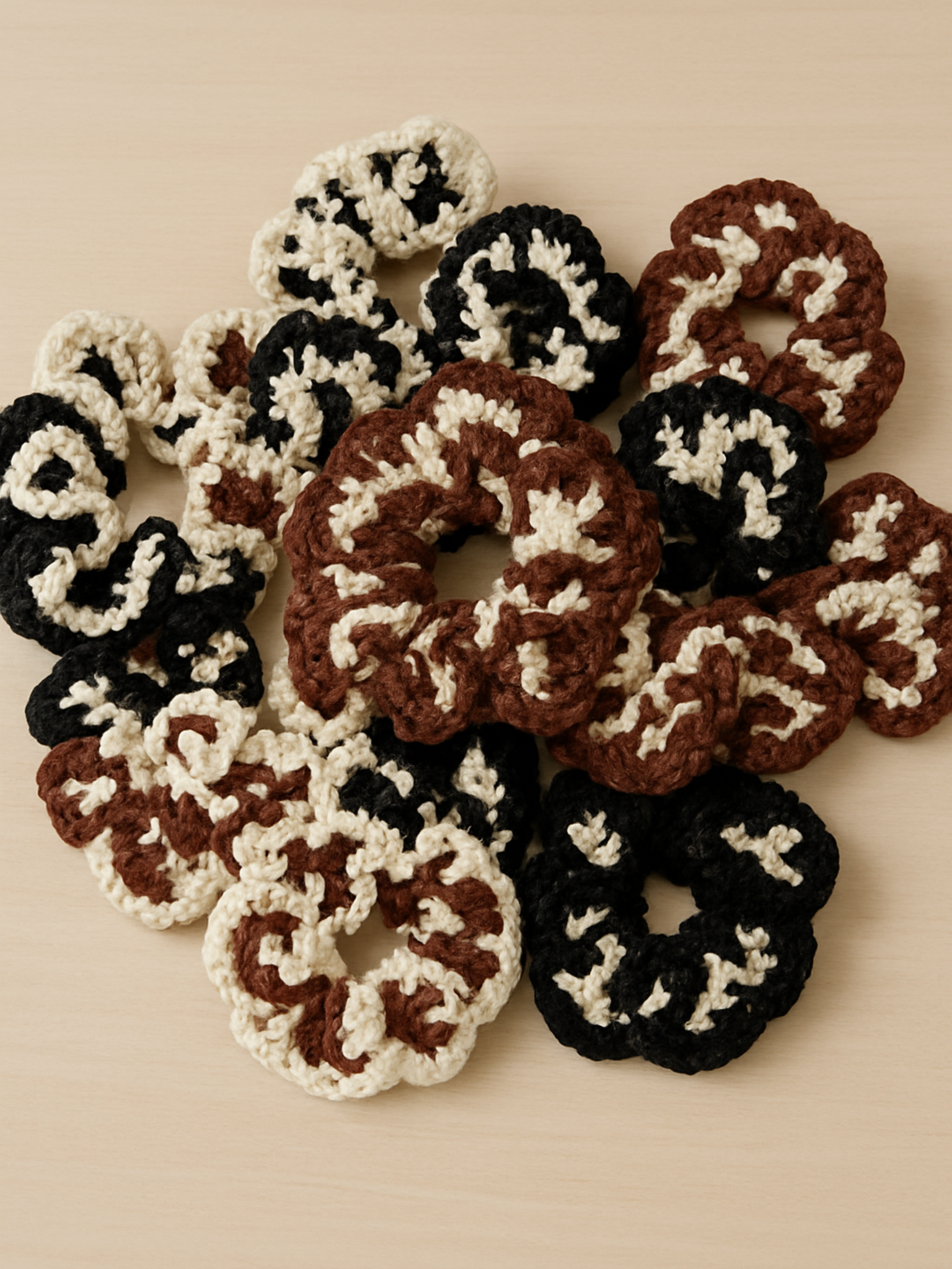 Handcrafted ruffle scrunchies and bags from our Scripture-inspired crochet collections